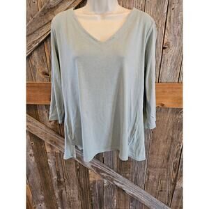 Pima 3/4 sleeve v neck top j jjll large L career casual green layering blouse ^